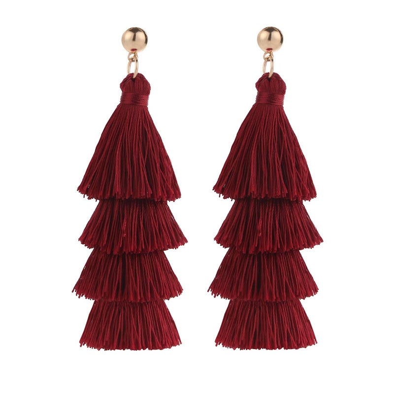 BaubleStar Fashion Maroon Tassel Dangle Earrings for Women Layered Long Bonita Tiered Wine Burgundy Red Thread Tassel Drop Statement Jewelry - Image 1